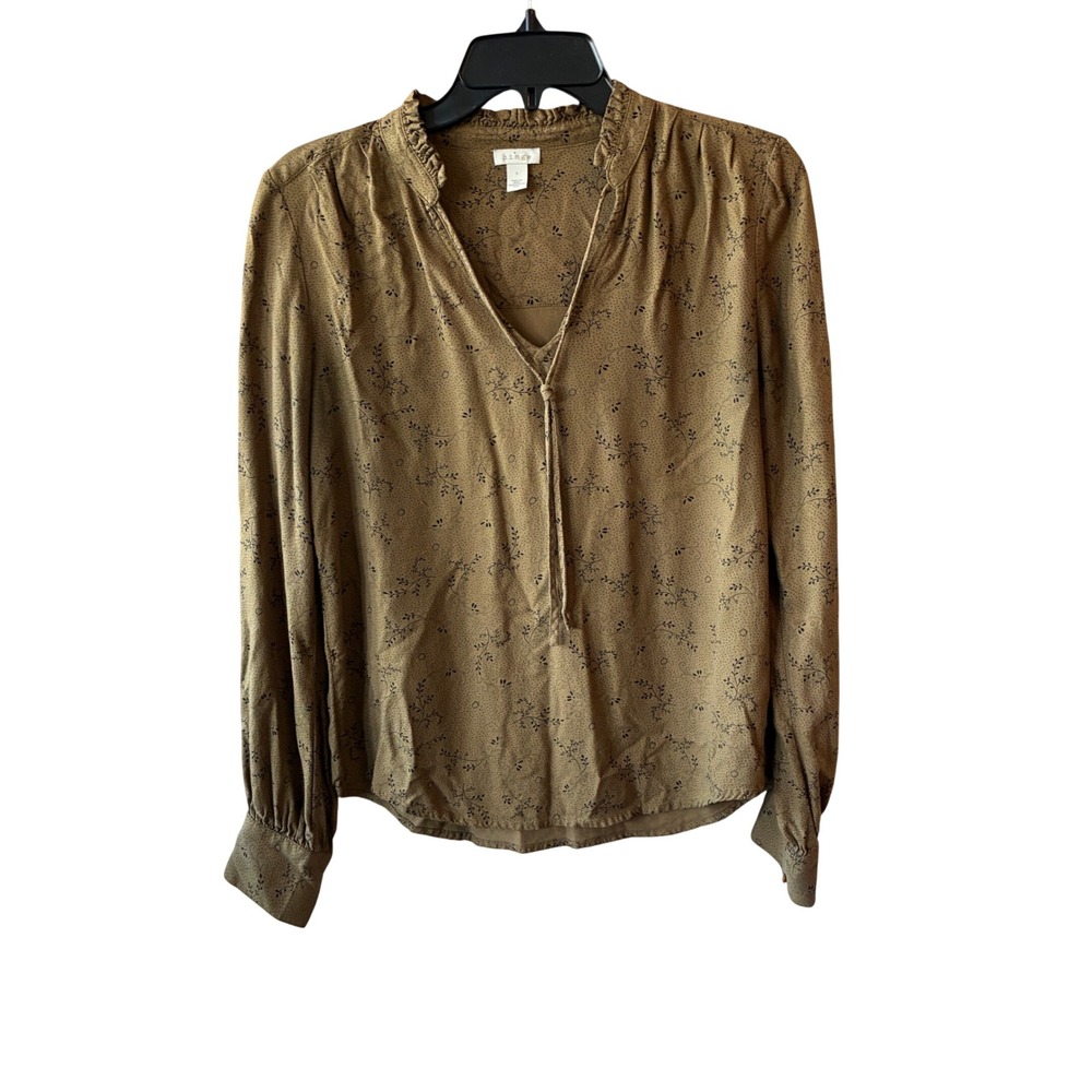 Hinge Blouse Sz S Olive Green Floral Ruffle Tie Neck Long Sleeve